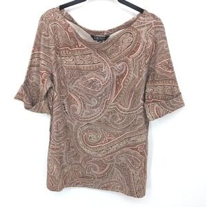 Lauren Ralph Lauren Top Womens XL Tan Paisley Boat Neck Blouse Mature Office